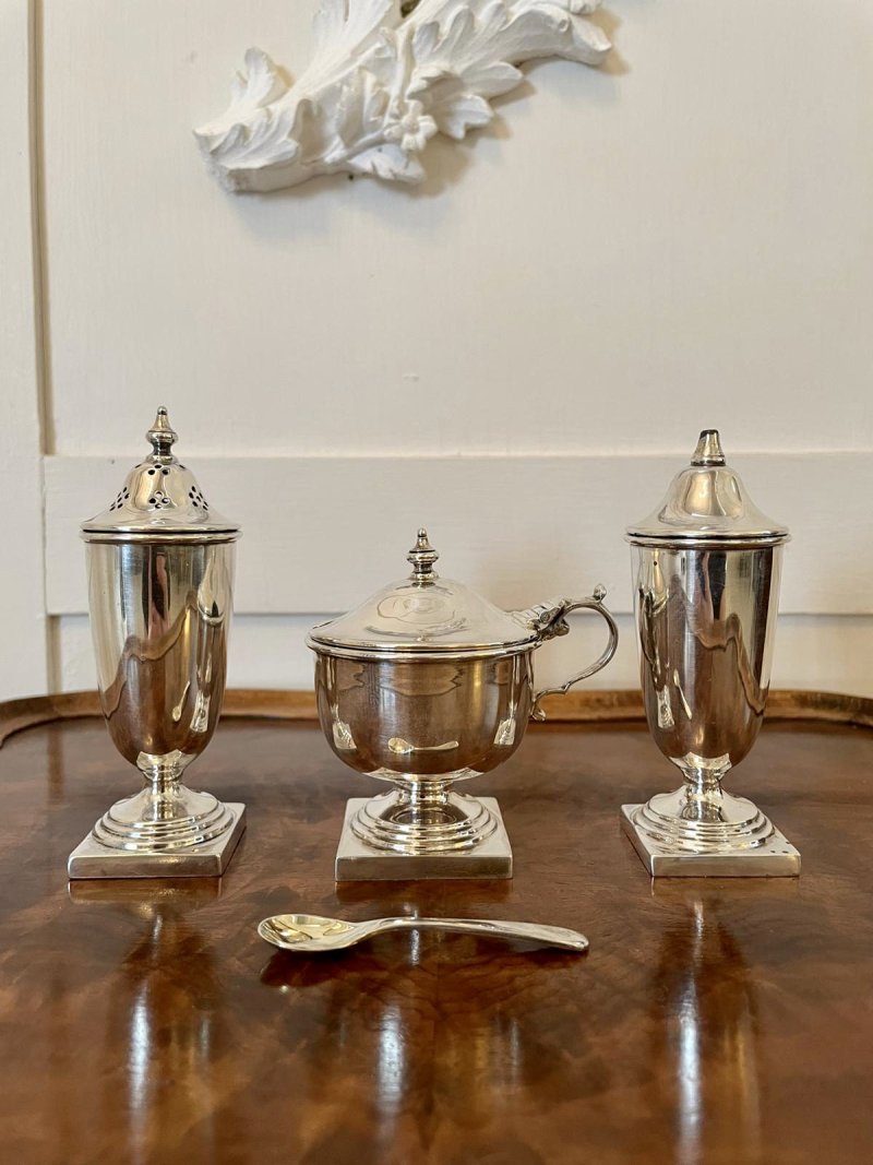 George V Cased Four Piece Solid Sterling Silver Condiment Set by Viners, Sheffield - Image 3